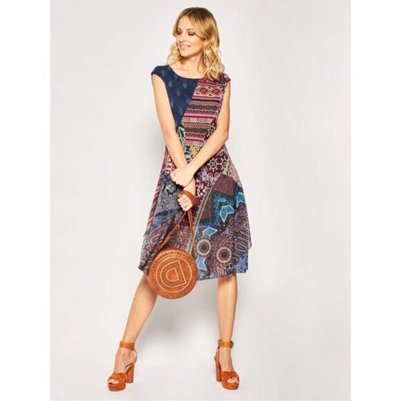 Desigual Monica Dress Patchwork Mesh Midi Sz M Blue Red Multi Paisley - Picture 1 of 14